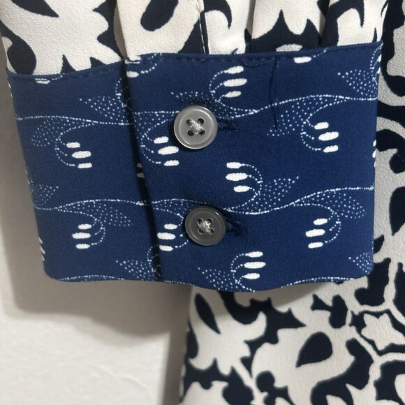 Loft Mosaic Shirt Dress Sz Small Blue Floral Long Sleeve 4-Button (no belt) - Picture 6 of 10